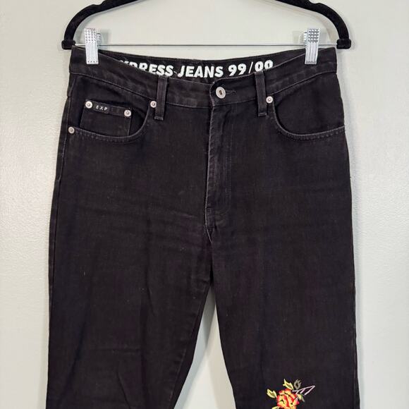 EXPRESS Vintage Jeans Womens 5/6 Y2K Floral Embroidered Mid Rise Flare Black USA - Picture 2 of 8